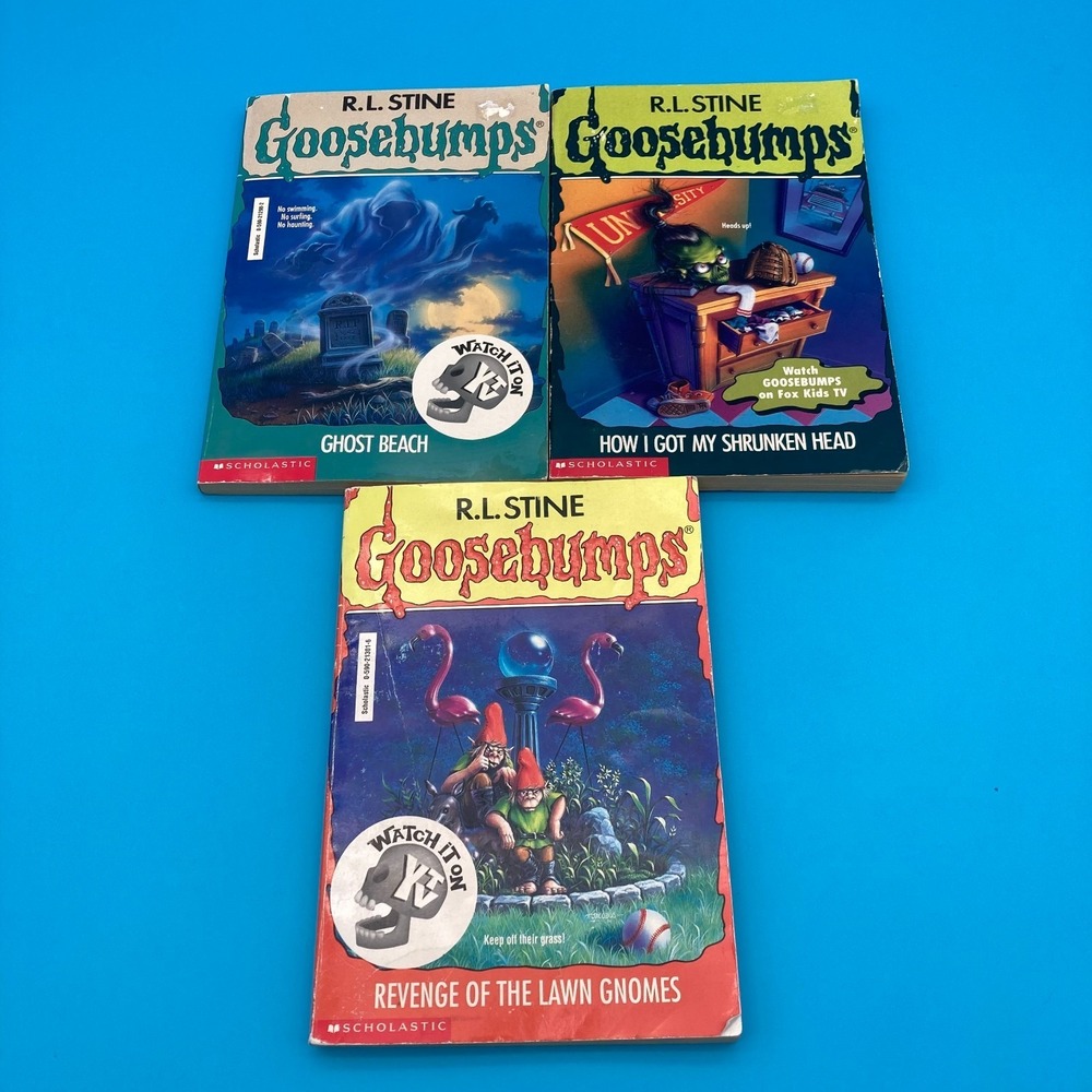 1990s R.L. Stine Goosebumps Books Set of 3 Lawn Gnomes Shrunken Head Ghost Beach